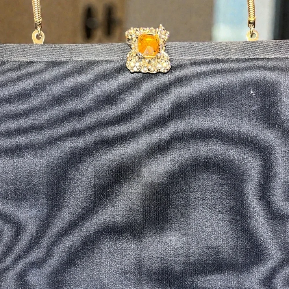 Gorgeous Little Vintage Black Evening Bag with Amber Colored Stone Clasp